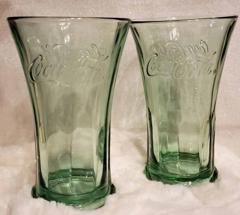 Libbey Coca-Cola Coke Soda Green Tint Flared Glass Tumblers set of 2